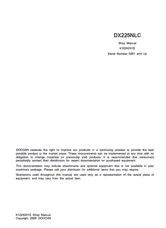 Doosan DX225NLC Excavator Service Manual Workshop Guide