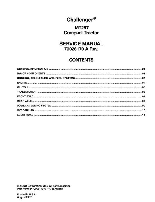 Challenger MT297 Tractor Service Manual Workshop Guide