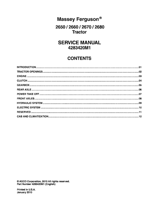 Massey Ferguson 2650, 2660, 2670, 2680 Tractor Service Manual Workshop Guide