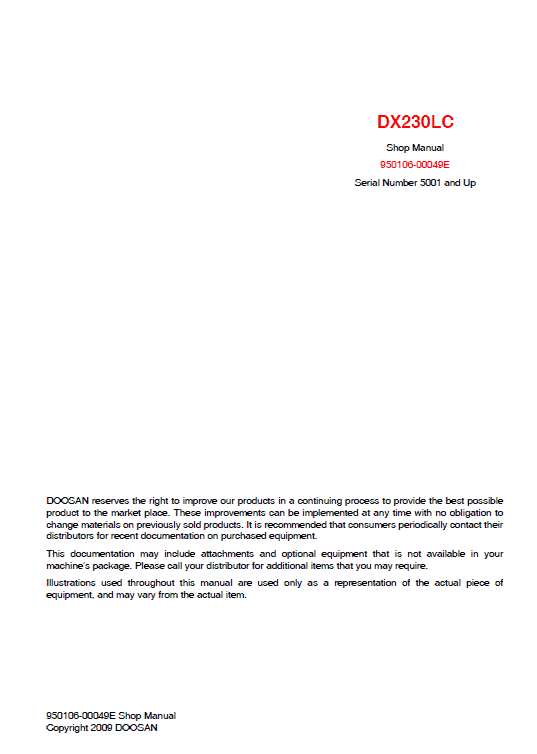 Doosan DX230LC Excavator Service Manual Workshop Guide