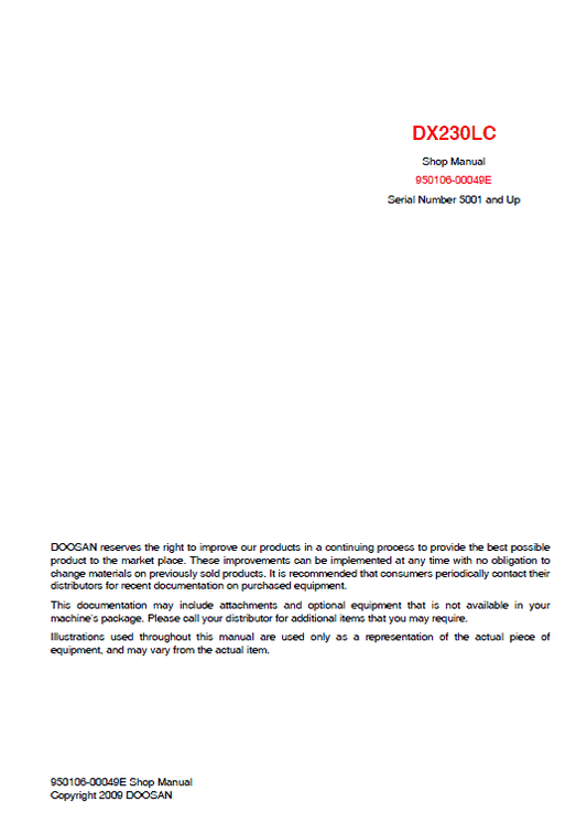 Doosan DX230LC Excavator Service Manual Workshop Guide