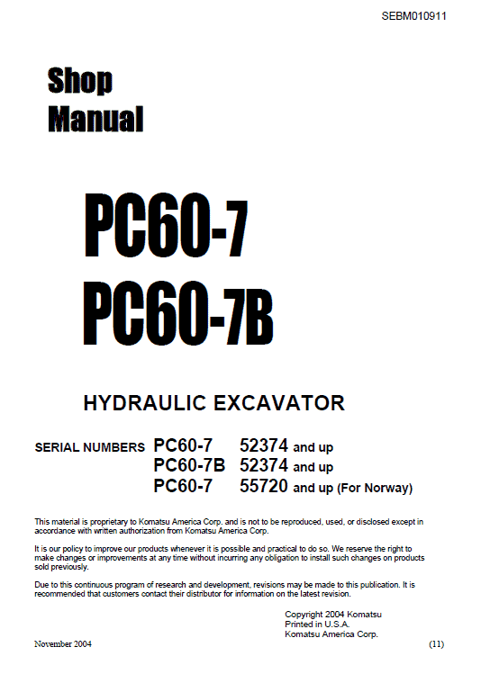 Komatsu PC60-7 and PC60-7B Excavator Service Manual Workshop Guide