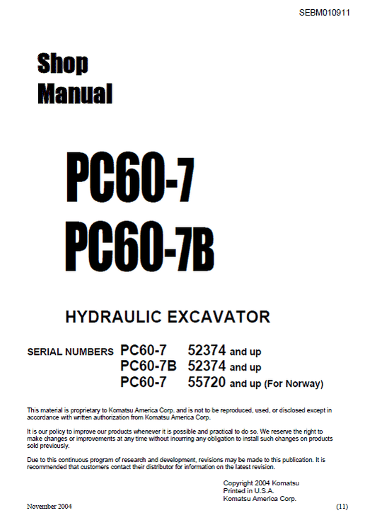 Komatsu PC60-7 and PC60-7B Excavator Service Manual Workshop Guide