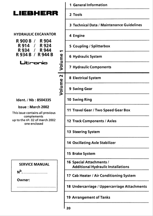 Liebherr R900B, R904, R914, R924, R934, R944 Litronic Excavator Service Manual