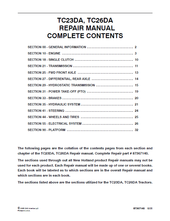 New Holland TC23DA, TC26DA Tractor Service Manual Workshop Guide