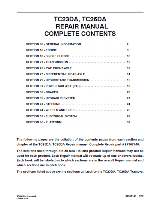 New Holland TC23DA, TC26DA Tractor Service Manual Workshop Guide