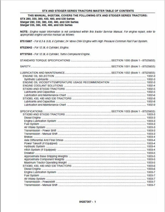 Case 335, 385, 435, 485, 535 Steiger Tractor Service Manual Workshop Guide