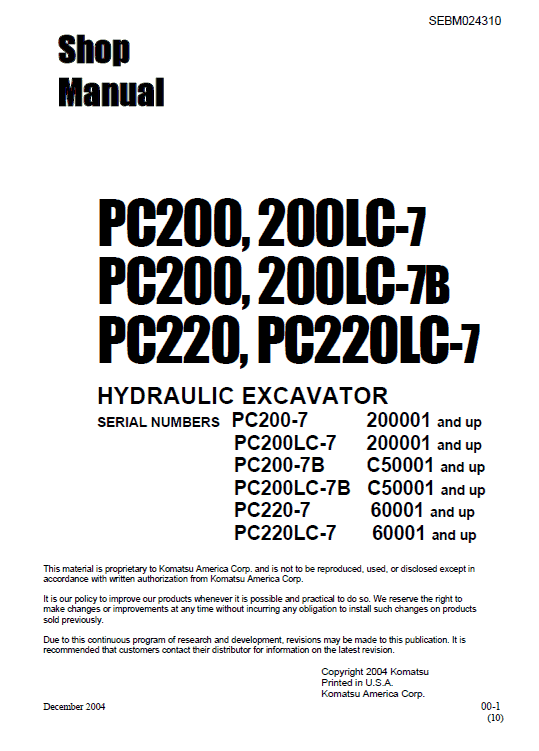 Komatsu PC200-7, PC200LC-7, PC220-7, PC220LC-7 Excavator Manual Workshop Guide