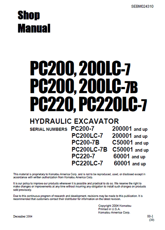 Komatsu PC200-7, PC200LC-7, PC220-7, PC220LC-7 Excavator Manual Workshop Guide