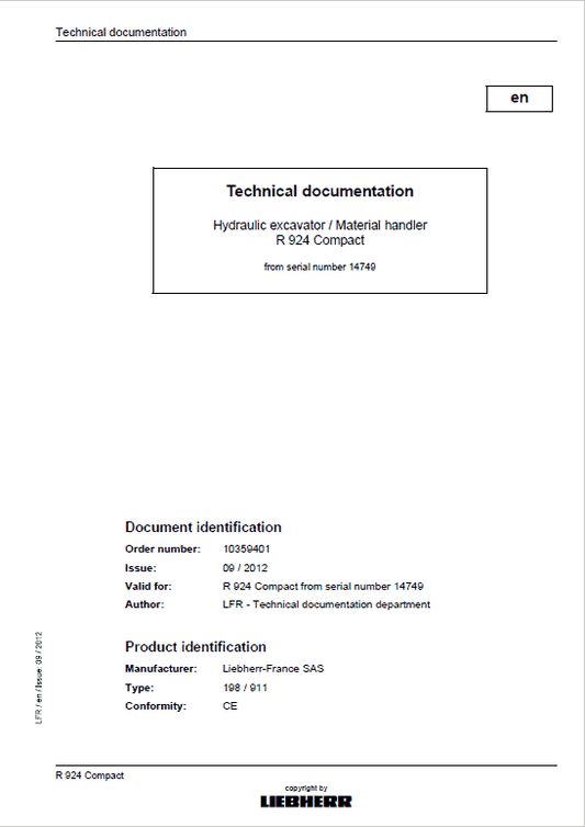 Liebherr R924 and R924 Tier 3 Compact Excavator Service Manual