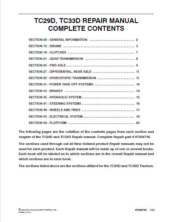 New Holland TC29D, TC33D Tractor Service Manual Workshop Guide