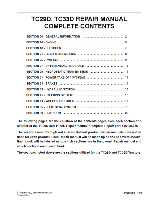 New Holland TC29D, TC33D Tractor Service Manual Workshop Guide