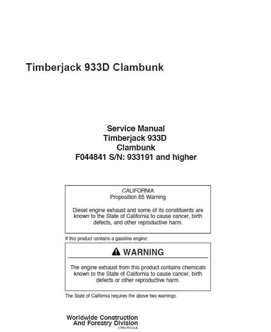 Timberjack 933D Clambunk Service Repair Manual (933191 and up) Workshop Guide