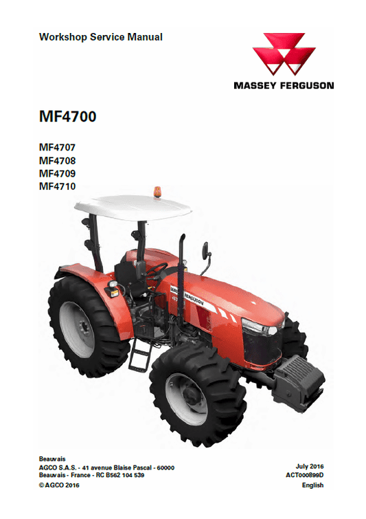 Massey Ferguson 4707, 4708, 4709, 4710 Tractor Service Manual Workshop Guide