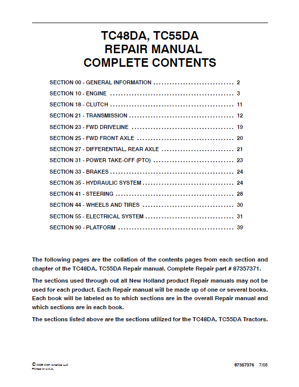 New Holland TC48DA, TC55DA Tractor Service Manual Workshop Guide