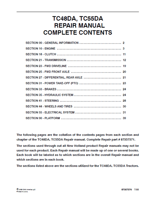 New Holland TC48DA, TC55DA Tractor Service Manual Workshop Guide