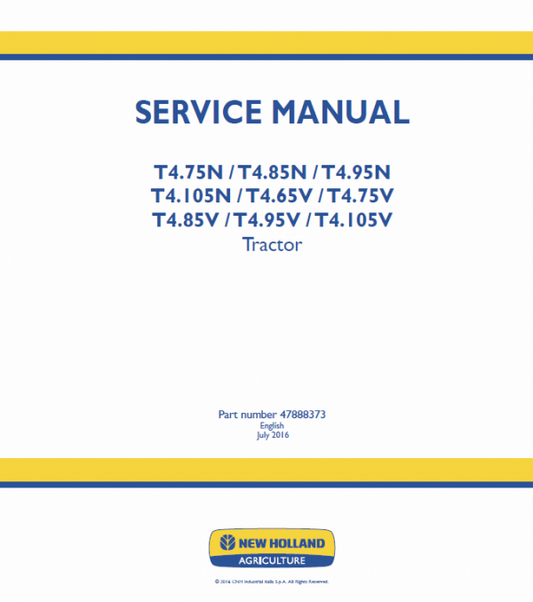 New Holland T4.65N, T4.75N, T4.85N, T4.95N, T4.105N Tractor Service Manual Workshop Guide