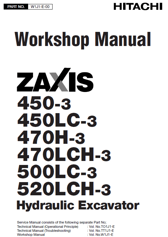 Hitachi ZX450-3, ZX470LCH-3 and ZX520LCH-3 Excavator Service Repair Manual Workshop Guide