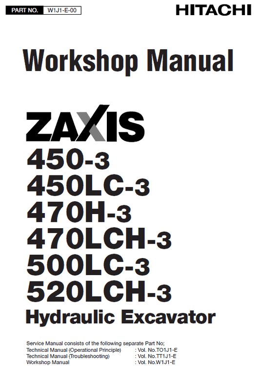 Hitachi ZX450-3, ZX470LCH-3 and ZX520LCH-3 Excavator Service Repair Manual Workshop Guide