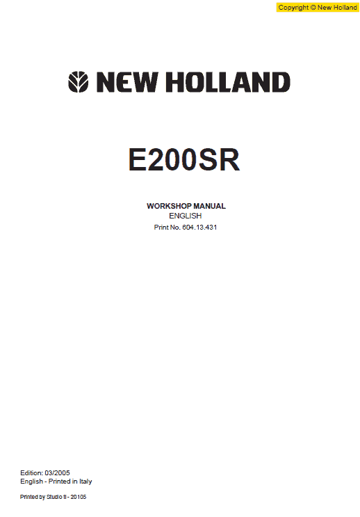 New Holland E200SR Excavator Service Manual Workshop Guide