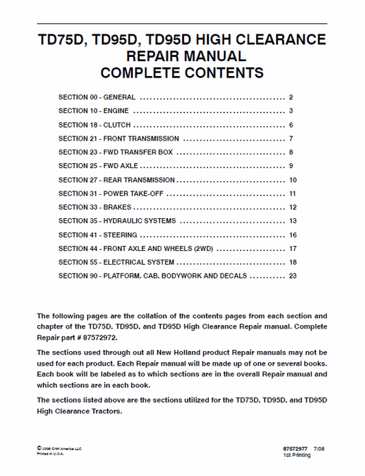 New Holland TD75D, TD95D, TD95D HC Tractor Service Manual Workshop Guide