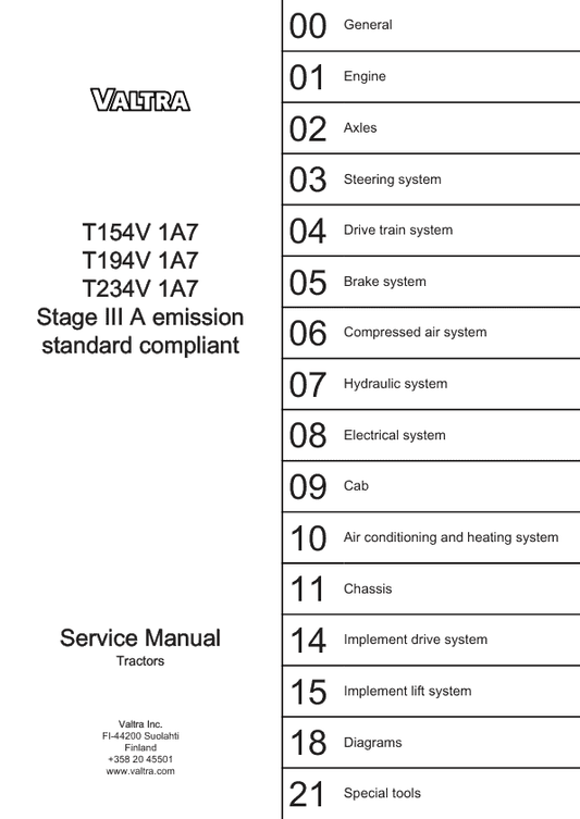 Valtra T154 V 1A7, T194 V 1A7, T234 V 1A7 Tractors (Stage III A) Service Repair Manual Workshop Guide