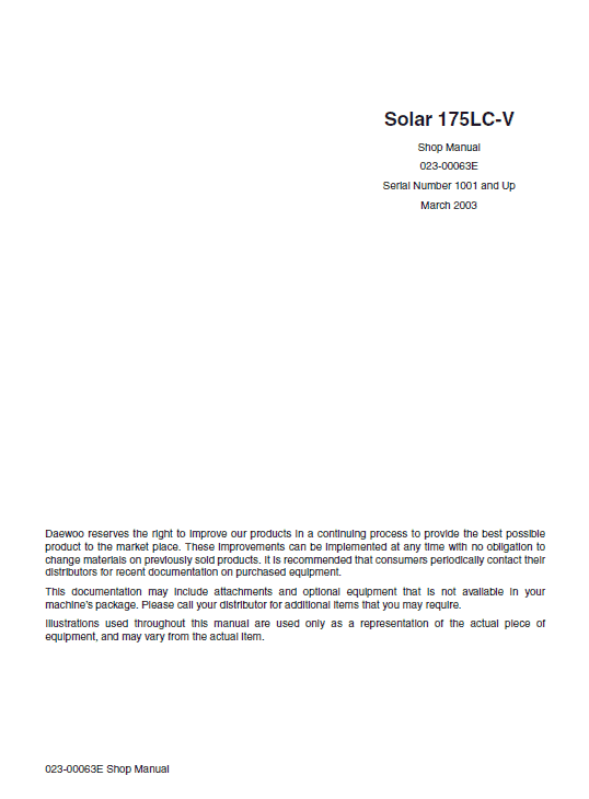 Daewoo Solar S175LC-V Excavator Service Manual Workshop Guide