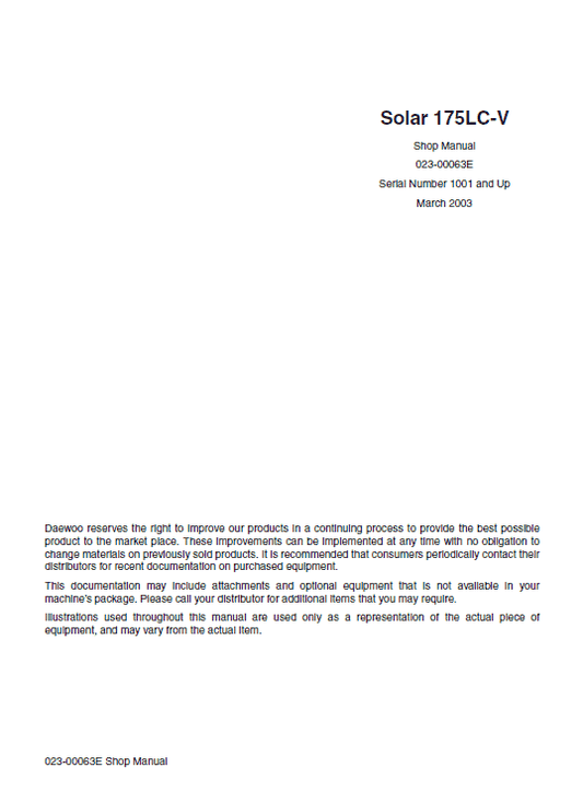 Daewoo Solar S175LC-V Excavator Service Manual Workshop Guide
