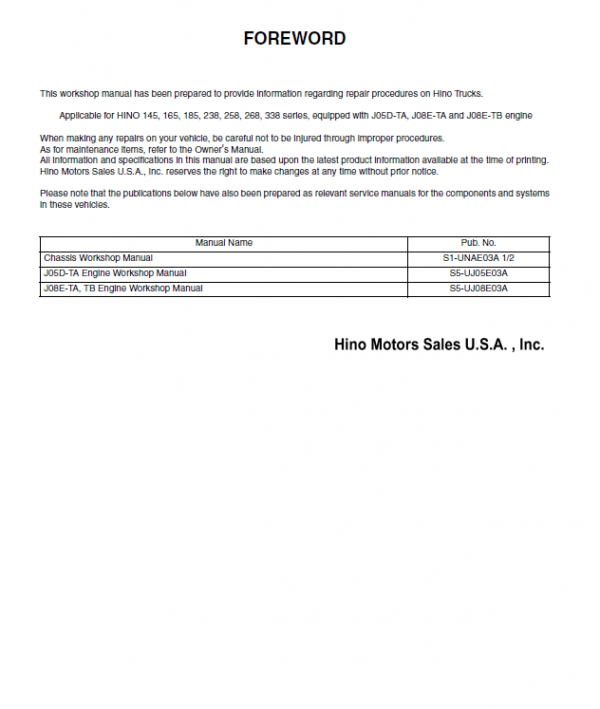 Hino 145, 165, 185, 238, 268, 308, 338 Series Year 2007 Repair Manual Workshop Guide