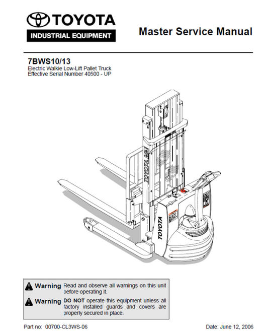 Toyota 7BWS10, 7BWS13 Lift Pallet Truck Service Repair Manual