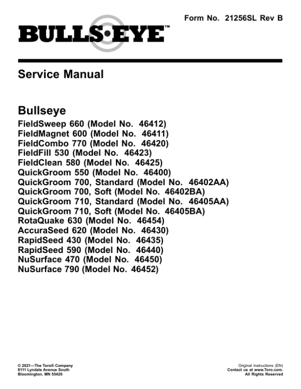 Toro Bullseye Products Service Repair Manual Workshop Guide