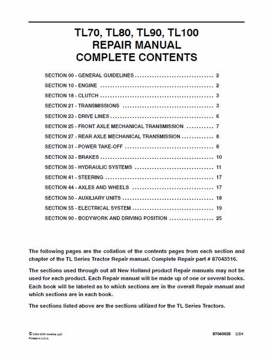 New Holland TL70, TL80, TL90, TL100 Tractor Service Manual Workshop Guide