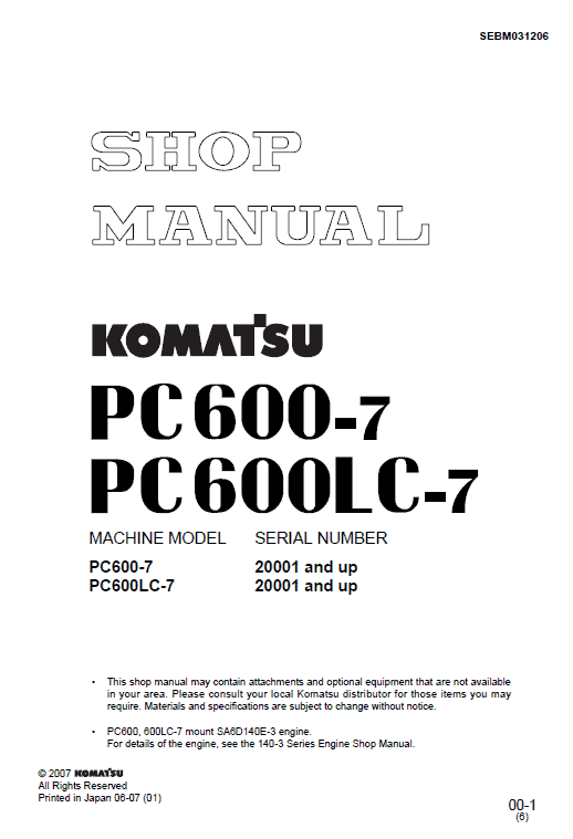 Komatsu PC600-7 and PC600LC-7 Excavator Service Manual Workshop Guide