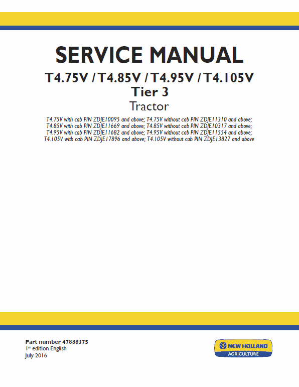 New Holland T4.75V, T4.85V, T4.95V, T4.105V Tier 3 Tractor Manual Workshop Guide