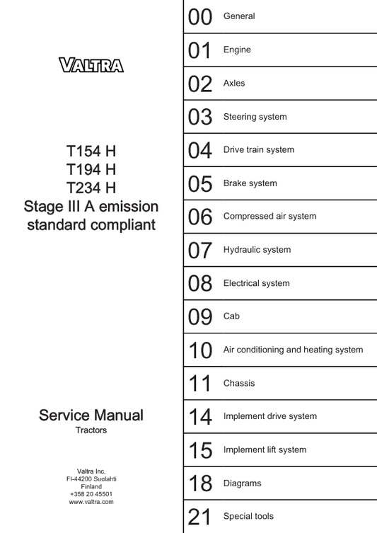 Valtra T154 H, T194 H, T234 H Tractors (Stage III A) Service Repair Manual Workshop Guide