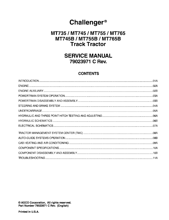 Challenger MT735, MT745, MT755, MT765 Tractor Service Manual Workshop Guide
