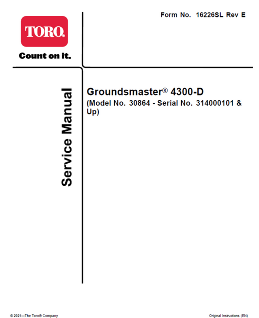 Toro Groundsmaster 4300-D (Model 30864) (Serial No. 314000101 and Up) Service Repair Manual Workshop Guide