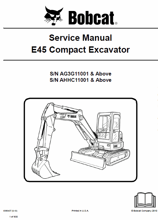 Bobcat E45 Compact Excavator Service Manual Workshop Guide