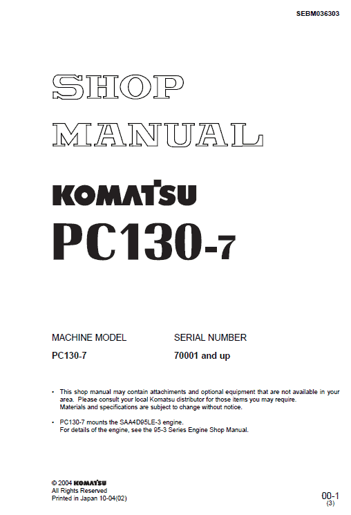 Komatsu PC130-7 Excavator Service Manual Workshop Guide