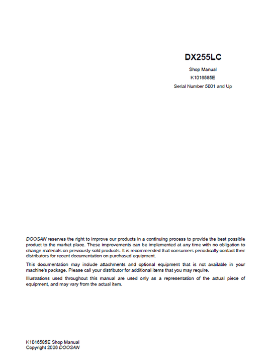 Doosan DX255 Excavator Service Manual Workshop Guide