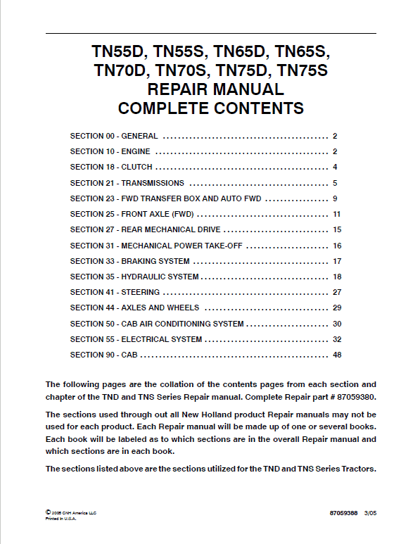 New Holland TN55D, TN65D, TN70D, TN75D Tractor Service Manual Workshop Guide