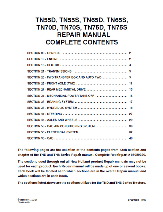 New Holland TN55D, TN65D, TN70D, TN75D Tractor Service Manual Workshop Guide