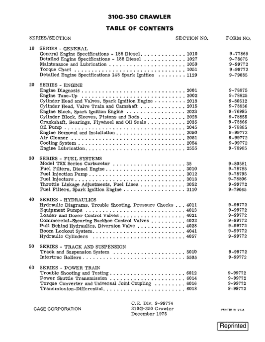 Case 310G, 350 Crawler Dozer Service Manual Workshop Guide