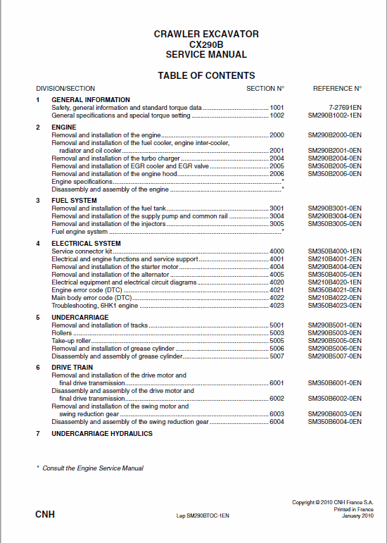 Case CX290B Crawler Excavator Service Manual Workshop Guide