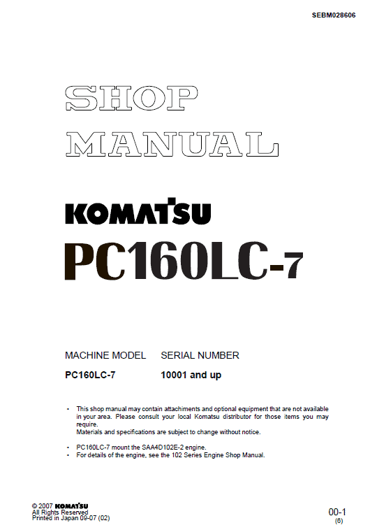 Komatsu PC160LC-7 Excavator Service Manual Workshop Guide