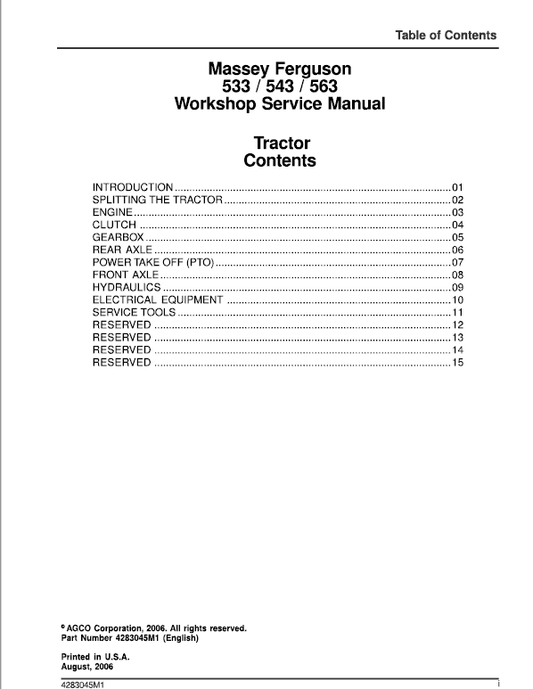 Massey Ferguson 533, 543, 563 Tractor Service Manual Workshop Guide