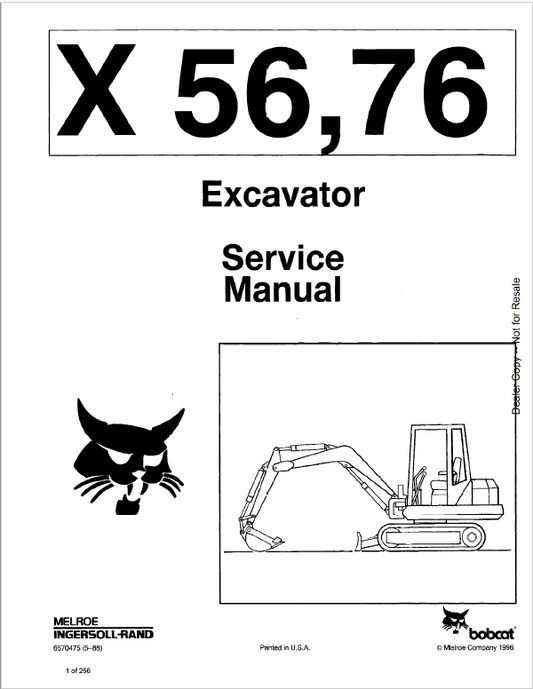 Bobcat X56 and X76 Excavator Service Manual Workshop Guide