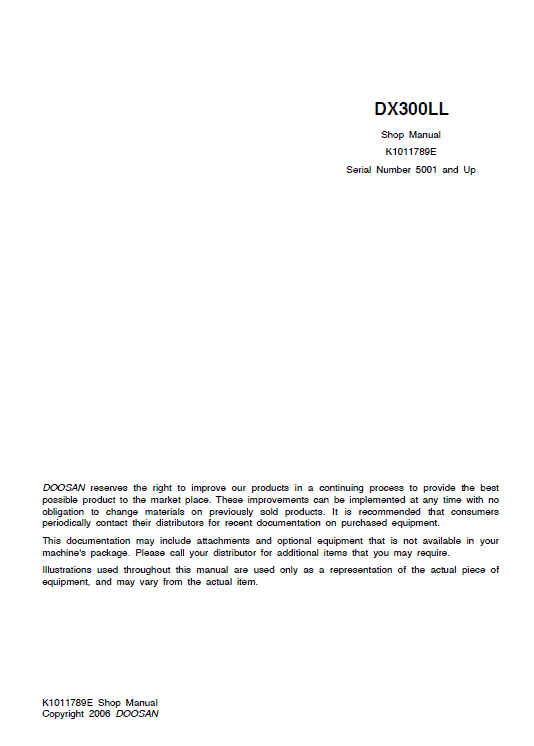 Doosan DX300LL Excavator Service Manual Workshop Guide