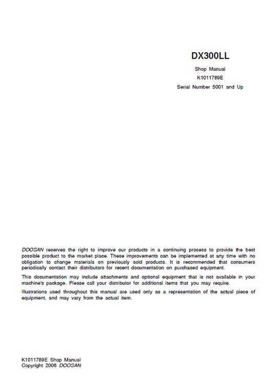 Doosan DX300LL Excavator Service Manual Workshop Guide