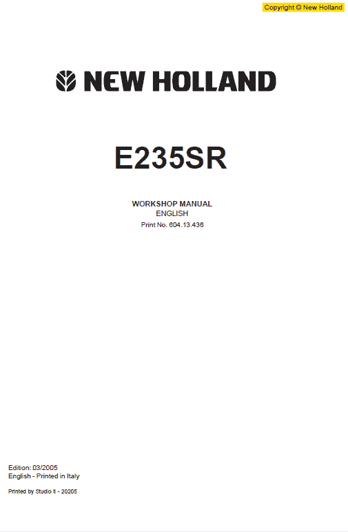 New Holland E235SR Excavator Service Manual Workshop Guide